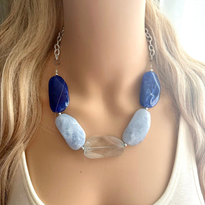Blue Ombré Beaded Chunky Statement Necklace, aqua blue necklace, single silver beaded wedding, bridesmaid jewelry baby blue turquoise