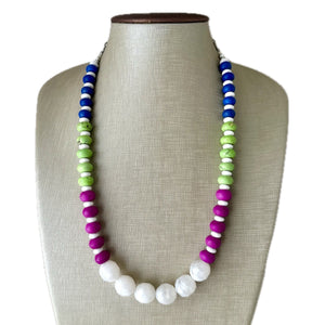 White Rainbow Necklace, single strand jewel tones jewelry, beaded chunky statement layering necklace, colorful purple blue green stones