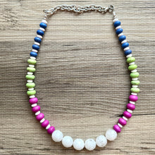 Load image into Gallery viewer, White Rainbow Necklace, single strand jewel tones jewelry, beaded chunky statement layering necklace, colorful purple blue green stones