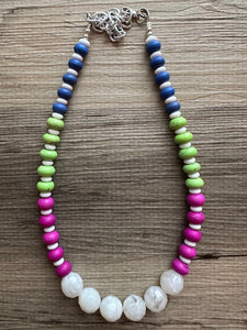 White Rainbow Necklace, single strand jewel tones jewelry, beaded chunky statement layering necklace, colorful purple blue green stones