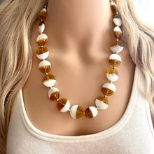 Load image into Gallery viewer, Caramel &amp; White Glass Single Strand Beaded Statement Necklace, tan beaded necklace, bridesmaid jewelry layering geometric chunky