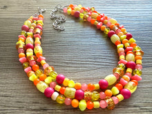 Load image into Gallery viewer, Summer’s Neon Heat Statement Necklace, chunky bib beaded jewelry, Summer pink yellow orange necklace, beaded acrylic jewelry hot pink