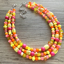 Load image into Gallery viewer, Summer’s Neon Heat Statement Necklace, chunky bib beaded jewelry, Summer pink yellow orange necklace, beaded acrylic jewelry hot pink