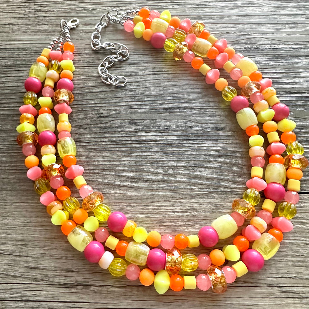 Summer’s Neon Heat Statement Necklace, chunky bib beaded jewelry, Summer pink yellow orange necklace, beaded acrylic jewelry hot pink