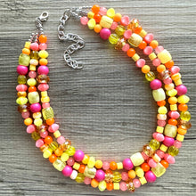 Load image into Gallery viewer, Summer’s Neon Heat Statement Necklace, chunky bib beaded jewelry, Summer pink yellow orange necklace, beaded acrylic jewelry hot pink