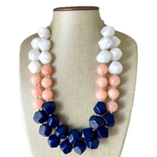 Load image into Gallery viewer, Summer Peach &amp; Navy Blue Necklace, multi strand colorful jewelry, big beaded chunky statement necklace, navy blue white coral jewelry