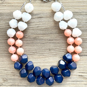 Summer Peach & Navy Blue Necklace, multi strand colorful jewelry, big beaded chunky statement necklace, navy blue white coral jewelry