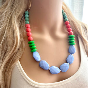 Single Strand Light Blue Big Beaded Long Statement Necklace, Kelly green Jewelry, coral pink periwinkle blue beaded bridesmaid earrings