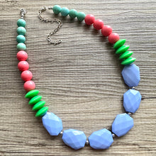 Load image into Gallery viewer, Single Strand Light Blue Big Beaded Long Statement Necklace, Kelly green Jewelry, coral pink periwinkle blue beaded bridesmaid earrings