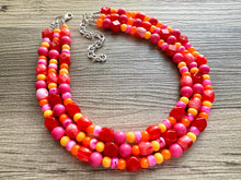 Load image into Gallery viewer, Heat Wave Statement Necklace, neon chunky bib beaded jewelry, Summer pink yellow orange necklace, beaded acrylic jewelry hot pink