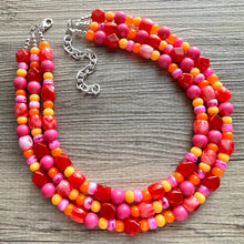 Load image into Gallery viewer, Heat Wave Statement Necklace, neon chunky bib beaded jewelry, Summer pink yellow orange necklace, beaded acrylic jewelry hot pink