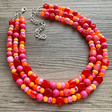 Load image into Gallery viewer, Heat Wave Statement Necklace, neon chunky bib beaded jewelry, Summer pink yellow orange necklace, beaded acrylic jewelry hot pink