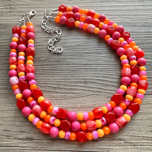 Heat Wave Statement Necklace, neon chunky bib beaded jewelry, Summer pink yellow orange necklace, beaded acrylic jewelry hot pink