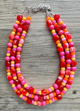 Load image into Gallery viewer, Heat Wave Statement Necklace, neon chunky bib beaded jewelry, Summer pink yellow orange necklace, beaded acrylic jewelry hot pink