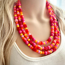 Load image into Gallery viewer, Heat Wave Statement Necklace, neon chunky bib beaded jewelry, Summer pink yellow orange necklace, beaded acrylic jewelry hot pink