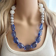 Load image into Gallery viewer, Periwinkle Chunky Statement Necklace, single strand bib beaded jewelry, sky blue color block necklace, beaded light blue gray white jewelry