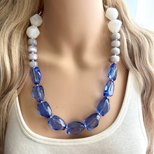 Load image into Gallery viewer, Periwinkle Chunky Statement Necklace, single strand bib beaded jewelry, sky blue color block necklace, beaded light blue gray white jewelry