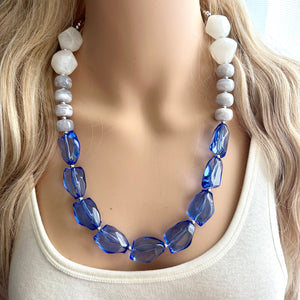 Periwinkle Chunky Statement Necklace, single strand bib beaded jewelry, sky blue color block necklace, beaded light blue gray white jewelry