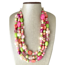 Load image into Gallery viewer, Tropical Mango 2 Strand statement necklace, big beaded chunky jewelry, Hot Pink Orange Lime Green Coral Bib Jewelry Set earrings set