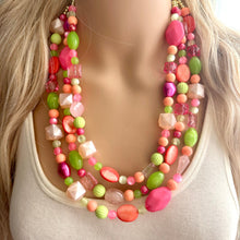 Load image into Gallery viewer, Tropical Mango 2 Strand statement necklace, big beaded chunky jewelry, Hot Pink Orange Lime Green Coral Bib Jewelry Set earrings set