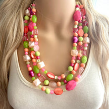 Load image into Gallery viewer, Tropical Mango 2 Strand statement necklace, big beaded chunky jewelry, Hot Pink Orange Lime Green Coral Bib Jewelry Set earrings set