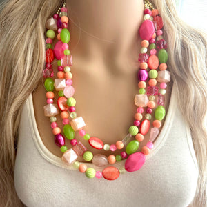 Tropical Mango 2 Strand statement necklace, big beaded chunky jewelry, Hot Pink Orange Lime Green Coral Bib Jewelry Set earrings set