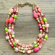 Load image into Gallery viewer, Tropical Mango 2 Strand statement necklace, big beaded chunky jewelry, Hot Pink Orange Lime Green Coral Bib Jewelry Set earrings set