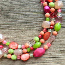 Load image into Gallery viewer, Tropical Mango 2 Strand statement necklace, big beaded chunky jewelry, Hot Pink Orange Lime Green Coral Bib Jewelry Set earrings set