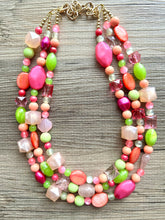 Load image into Gallery viewer, Tropical Mango 2 Strand statement necklace, big beaded chunky jewelry, Hot Pink Orange Lime Green Coral Bib Jewelry Set earrings set