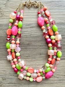 Tropical Mango 2 Strand statement necklace, big beaded chunky jewelry, Hot Pink Orange Lime Green Coral Bib Jewelry Set earrings set