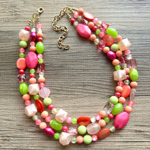 Load image into Gallery viewer, Tropical Mango 2 Strand statement necklace, big beaded chunky jewelry, Hot Pink Orange Lime Green Coral Bib Jewelry Set earrings set