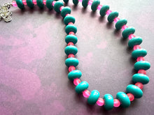 Load image into Gallery viewer, Blue &amp; Pink Chunky Statement Necklace single Strand Beaded jewelry, bridesmaid bib wedding, resin donut layering turquoise teal hot pink