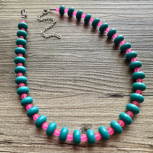 Blue & Pink Chunky Statement Necklace single Strand Beaded jewelry, bridesmaid bib wedding, resin donut layering turquoise teal hot pink