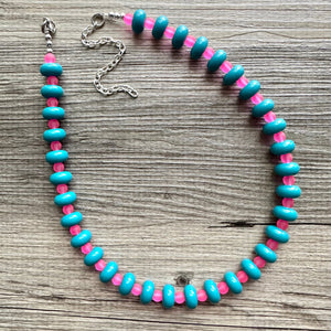 Blue & Pink Chunky Statement Necklace single Strand Beaded jewelry, bridesmaid bib wedding, resin donut layering turquoise teal hot pink