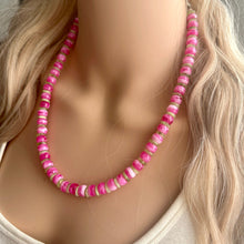 Load image into Gallery viewer, Hot Pink &amp; Lime Green Beaded necklace, shiny beaded statement necklace, everyday pink light green chunky layering geometric single strand