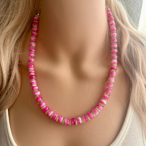 Hot Pink & Lime Green Beaded necklace, shiny beaded statement necklace, everyday pink light green chunky layering geometric single strand