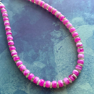 Hot Pink & Lime Green Beaded necklace, shiny beaded statement necklace, everyday pink light green chunky layering geometric single strand