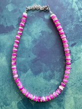 Load image into Gallery viewer, Hot Pink &amp; Lime Green Beaded necklace, shiny beaded statement necklace, everyday pink light green chunky layering geometric single strand