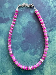 Hot Pink & Lime Green Beaded necklace, shiny beaded statement necklace, everyday pink light green chunky layering geometric single strand