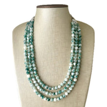 Load image into Gallery viewer, Freckled Green + White 3 strand Beaded Statement Necklace, Chunky Bib white green thick Strand Jewelry dyed polka dot earrings bib glass