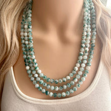 Load image into Gallery viewer, Freckled Green + White 3 strand Beaded Statement Necklace, Chunky Bib white green thick Strand Jewelry dyed polka dot earrings bib glass