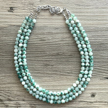 Load image into Gallery viewer, Freckled Green + White 3 strand Beaded Statement Necklace, Chunky Bib white green thick Strand Jewelry dyed polka dot earrings bib glass