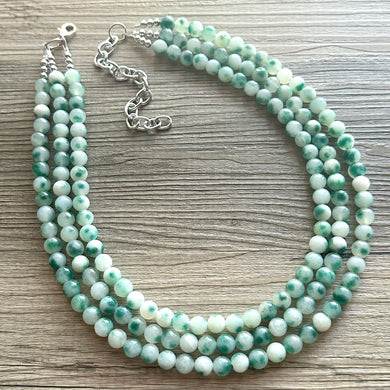 Freckled Green + White 3 strand Beaded Statement Necklace, Chunky Bib white green thick Strand Jewelry dyed polka dot earrings bib glass