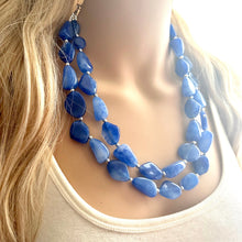 Load image into Gallery viewer, Royal Blue Double Strand Statement Necklace, Chunky dark blue Oval Beaded Bib Jewelry, blue jewelry, stone acrylic blue jewlery necklace