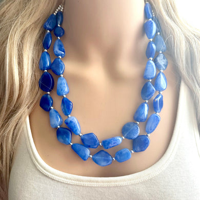 Royal Blue Double Strand Statement Necklace, Chunky dark blue Oval Beaded Bib Jewelry, blue jewelry, stone acrylic blue jewlery necklace