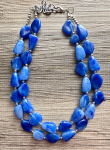 Royal Blue Double Strand Statement Necklace, Chunky dark blue Oval Beaded Bib Jewelry, blue jewelry, stone acrylic blue jewlery necklace