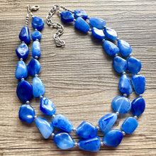 Load image into Gallery viewer, Royal Blue Double Strand Statement Necklace, Chunky dark blue Oval Beaded Bib Jewelry, blue jewelry, stone acrylic blue jewlery necklace