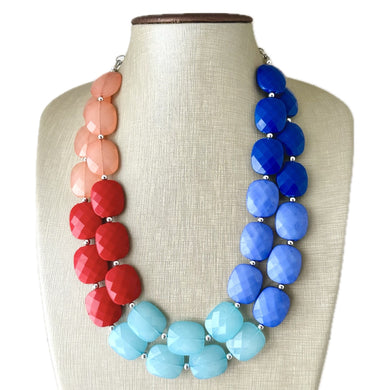 Color Block Double Statement Necklace, Chunky Jewelry Big Beaded Necklace, coral blue teal red Necklace, bead bubble coral peach earrings