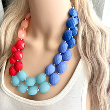 Load image into Gallery viewer, Color Block Double Statement Necklace, Chunky Jewelry Big Beaded Necklace, coral blue teal red Necklace, bead bubble coral peach earrings