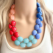 Load image into Gallery viewer, Color Block Double Statement Necklace, Chunky Jewelry Big Beaded Necklace, coral blue teal red Necklace, bead bubble coral peach earrings